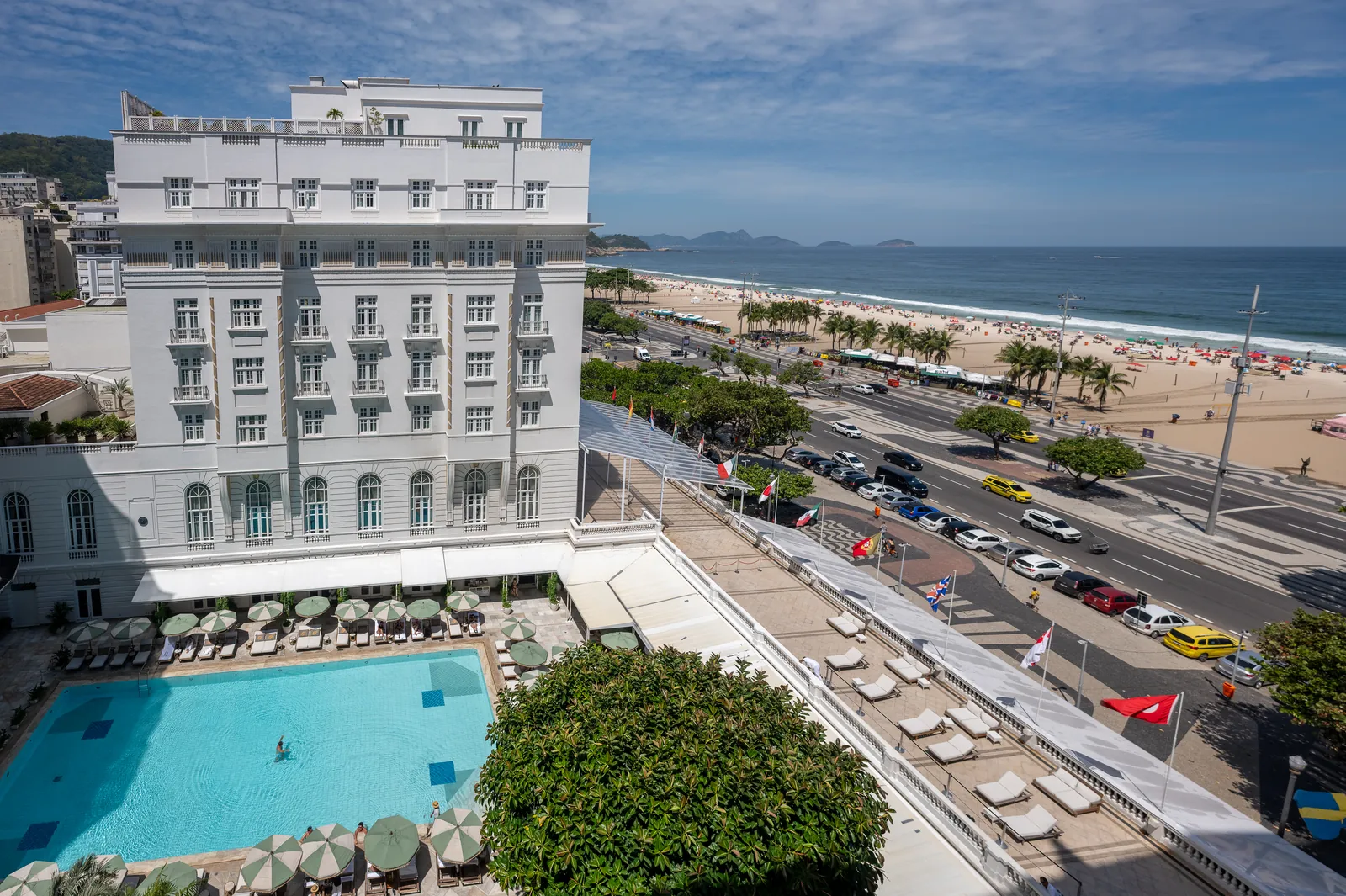 Copacabana beach, the Palace pool and the bay seen from above the building